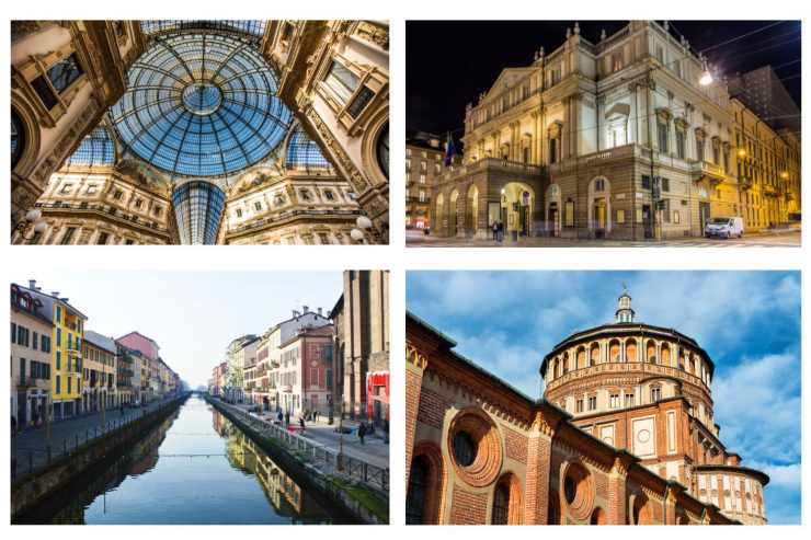 scatti della città di Milano: Galleria Vittorio Emanuele, il teatro della Scala, i Navigli e Chiesa santa Maria delle Grazie